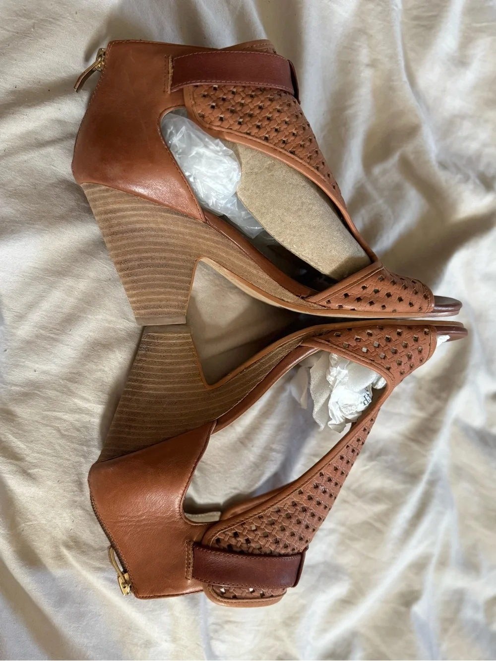 Vince Camuto Woven Cognac Brown Open-Toe Ankle Heels